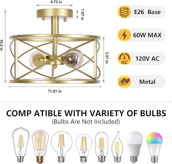 Gold Semi Flush Ceiling Light Fixture, 2-Light Farmhouse Flush Mount Light Fixtures, Modern Industrial Metal Cage Pendant Lighting for Hallway, Bedroom, Kitchen, Foyer, Living Room, Dining Room