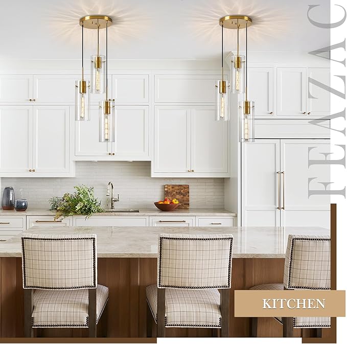 Brushed Gold Pendant Light Fixtures, 3-Light Modern Cluster Pendant Lights with Clear Striped Glass Shade, Farmhouse Brass Chandelier for Kitchen Island Dining Room Foyer