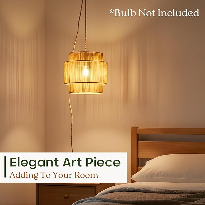 Chi An Home 11.8" Boho Jute Plug in Pendant Light, Handwoven Natural Hanging Lamp Plug in with Dimmable Light Switch, Wicker Hanging Light Fixture for Bedroom Living Room Kitchen (No Bulb Included)