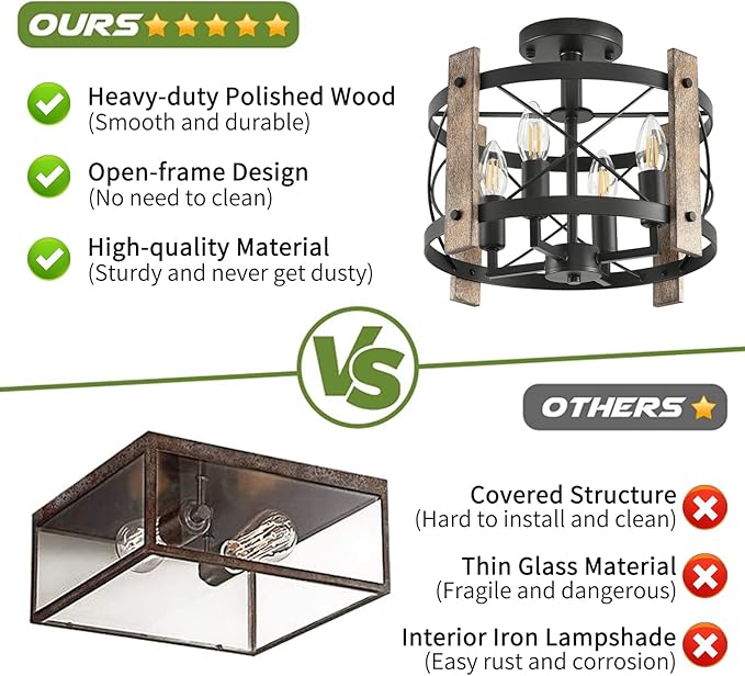 Black Semi Flush Mount Ceiling Light, 4-Light Ceiling Light Fixture, Farmhouse Chandelier Ceiling Light, Rustic Industrial Dining Room Light Fixture for Kitchen Bedroom Hallway Living Room E12
