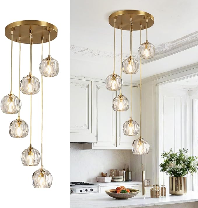 Modern 6 Lights Cluster Pendant Lighting Multi Light Gold Crystal Chandelier Pendant Light Mid Century Anti Brass Clear Glass Round Ceiling Hanging Light Fixture