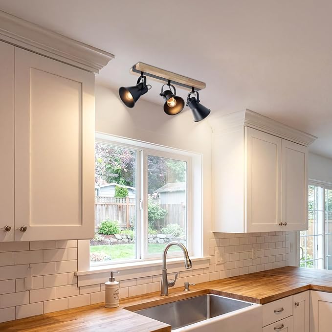 SEEBLEN 3-Lights Track Lighting Fixtures Ceiling，Farmhouse Wood Flush Mount Ceiling Light, Multi-Directional Kitchen Sink Light, Rustic Track Lighting for Kitchen Living Room, Dining Table, Foyer