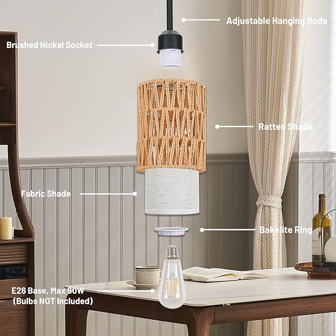 Rattan Pendant Light – 6 Inch 2-in-1 Boho Hanging Fixture with Iron Rods & Linen Shade, Adjustable Height & Sloped Ceiling Compatible for Kitchen Island Dining Room Farmhouse Bedroom, 3 Pack