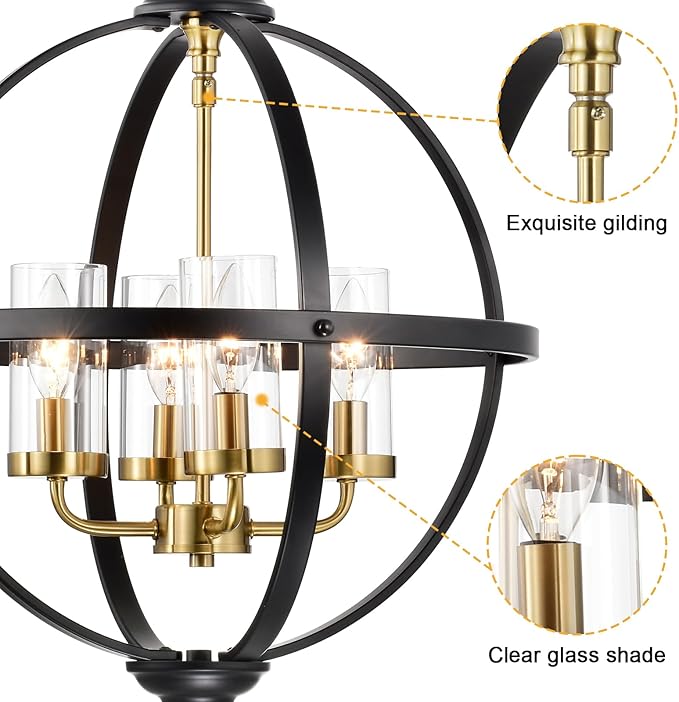 Treekee Rustic Chandelier, 17" Black and Gold Finish Glass Cover Luxurious Hanging Light, 4-Light Globe Vintage Pendant Ceiling Light Fixtures for Living Room Entry Way Dining Room