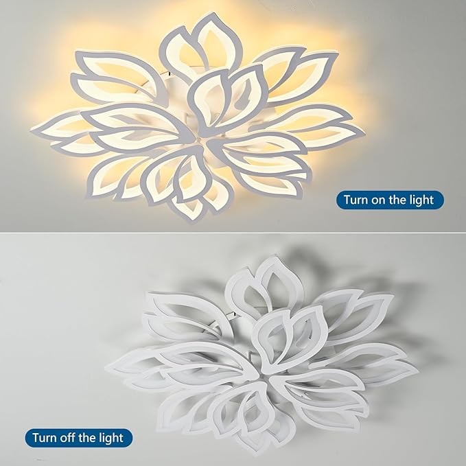 HuixuTe Modern White Flower Ceiling Light Fixture, 30 Inch Dimmable Flush Mount with 12 Leaves, Low Profile for Living Room, Dining Room, Bedroom