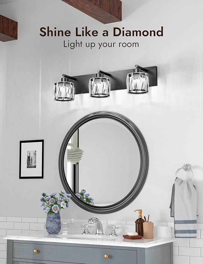 VOLISUN Crystal Vanity Lights for Bathrooms, 3 Light Bathroom Vanity Light, Modern Matte Black Bathroom Light Over Mirror, Black Bathrooms Lights Fixtures-UL Certificated(Exclude Bulb)