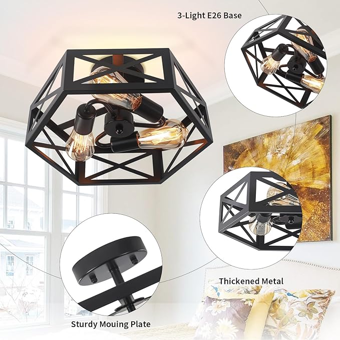 Semi Flush Mount Ceiling Light, Black 3-Light Fixtures Ceiling Mount with Hexagon Cage, Metal Industrial Close to Ceiling Light for Hallway, Kitchen, Bedroom (Black, 14.56''L)