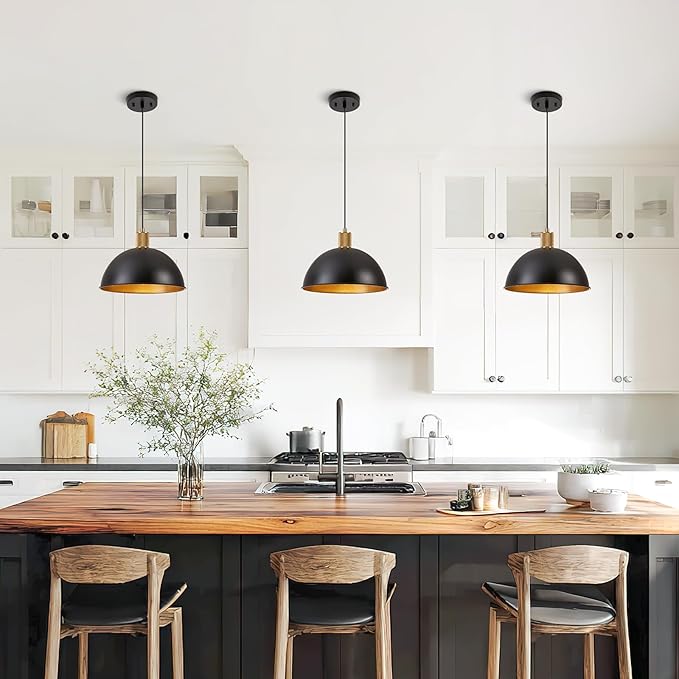12 Inch Black Dome Pendant Lights for Kitchen Island, Height Adjustable Farmhouse Industrial Hanging Light Fixtures Over Table for Dining Room, Entryway, 1 Pack