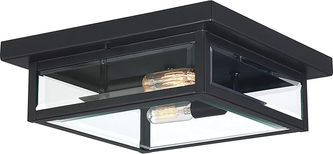 Quoizel Westover 12" Outdoor Flush Mount Ceiling Light, 2-Light Earth Black with Clear Beveled Glass, E12 Base, ETL Damp Rated