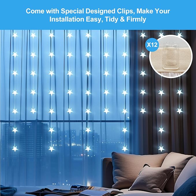 Star Curtain Lights Hanging Star Lights for Window 70 Stars String Light for Wall Décor USB Plug in 8 Modes Twinkle Fairy Lights for Christmas, Bedroom, Indoor, Outdoor, Weddings, Party (Cold White)