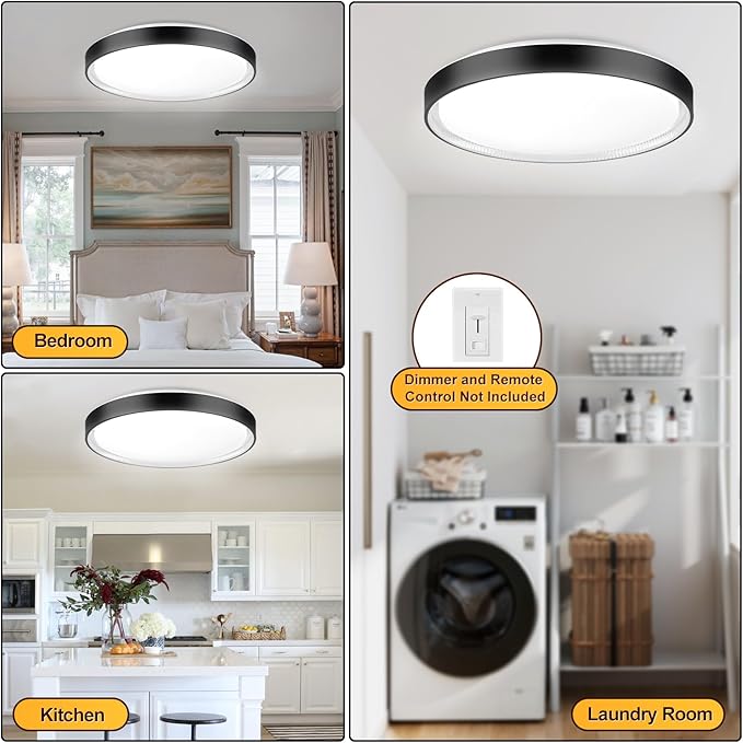 DLLT Flush Mount Ceiling Light: Close to Ceiling Light Fixtures 16 Inch 35W - Dimmable Ceiling Lamp 3000-6000K 5 Color Selectable Ceiling Mount Light for Bedroom Kitchen (Black)