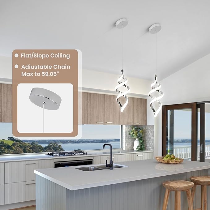 EIDISUNY 3 Packs Pendant Light, 15W Spiral Led Pendant Light, 4500K Modern Pendant Lights Kitchen Island, Adjustable Height Pendant Light for Dining Room Bedroom Kitchen Island Cafe