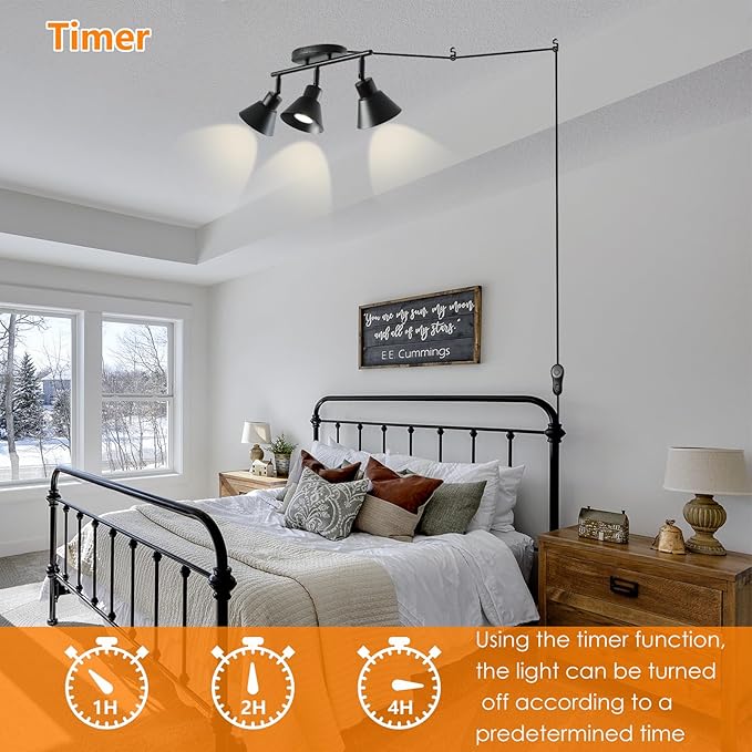 3 Light Plug in Track Lighting Kit,Modern Plug in Ceiling Light Fixture,16.4ft Cord,Timer & Dimming Switch,3 Way Ceiling Spot Lighting,Flexibly Rotatable Light Head (Black)