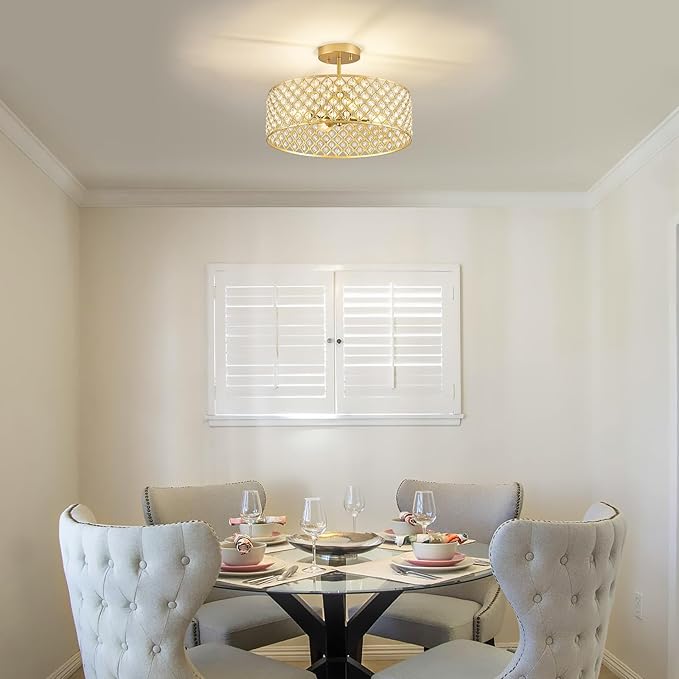 Gold Crystal Ceiling Light Fixture,Modern Semi Flush Mount Ceiling Lighting Fixture,Round Small Chandelier for Dining Room, Hallway, Entryway, Kitchen, Bedroom,Foyer,4 Light,15.7 inch