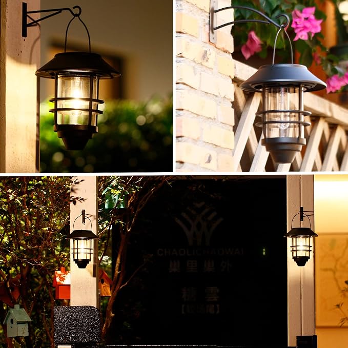 2 Pack Solar Lanterns Outdoor, Hanging Solar Lights for Outside Glass Metal with Wall Mount Bracket,Waterproof Auto Dusk to Dawn Garden Lantern for Fence Porch Decor- Warm White