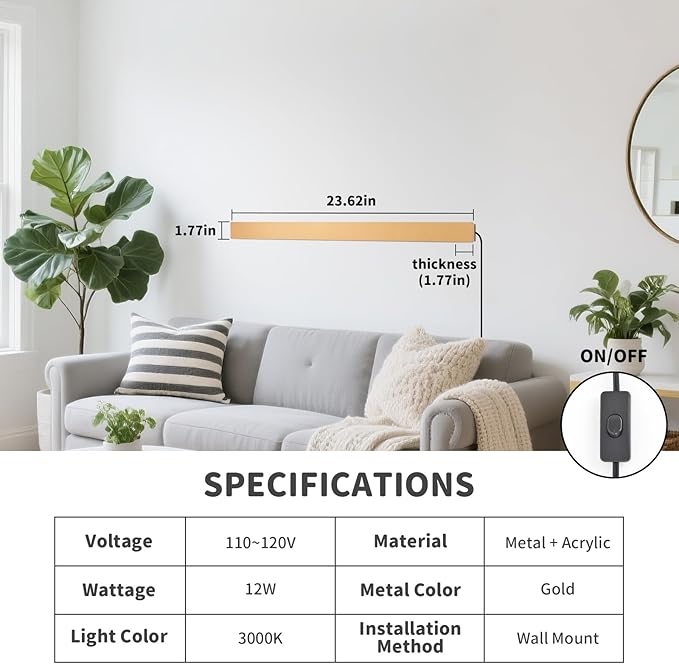 KELUOLY Modern Plug in Wall Sconces, 23.6 inch Frosted Gold LED Long Wall Lights, 12W Warm White 3000K Acrylic Indoor Wall lamp,with 59" Plug Cable for Bedroom, Living Room, Bathroom Makeup, Hallway