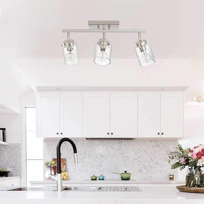 Track Ceiling Lighting,3 Light Vanity Lights for Bathroom Brushed Nickel Rotatable Track Head Wall Light Fixture with Clear Hammered Shade for Bedroom Cloakroom Entryway Balcony Hallway