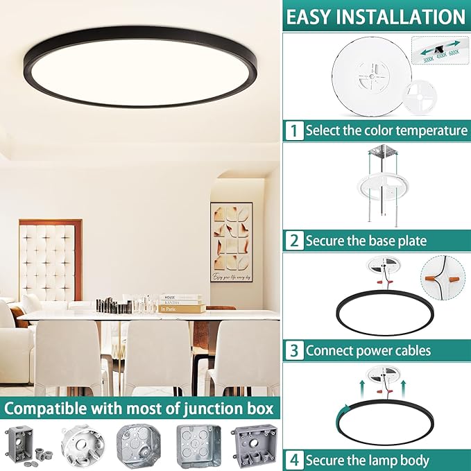 24 Inch LED Flush Mount Ceiling Light Fixture,Dimmable Ultra Thin Low Profile,48W 4800 Lumens,3 CCT Color Selectable,Modern Round Black Ceiling Light for Living Room,Bedroom,Kitchen,Office