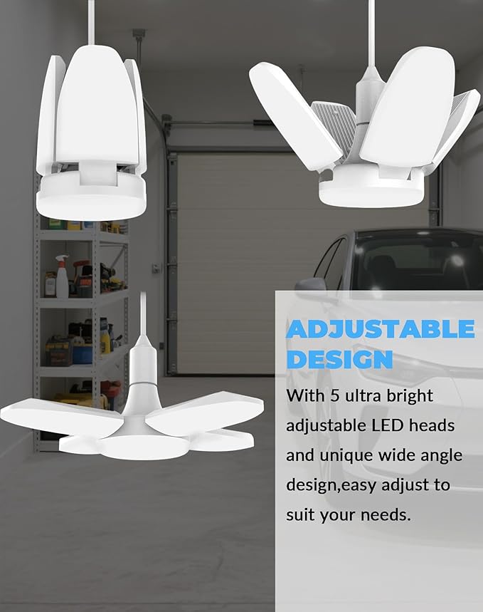 4 Pack LED Garage Lights, 6000LM 60W Deformable Shop Light with 4 Adjustable Panels, 6000K Garage Lights Ceiling Led, E26 Base - 360° Foldable Design for Warehouse/Basement/Workshop