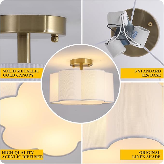 Semi Flush Mount Ceiling Light, 13" Ceiling Light Fixture with Flower-Shaped Fabric Shade, 3-Light Modern Ceiling Lighting Fixture for Bedroom Living Room Nursery Hallway, White Shade