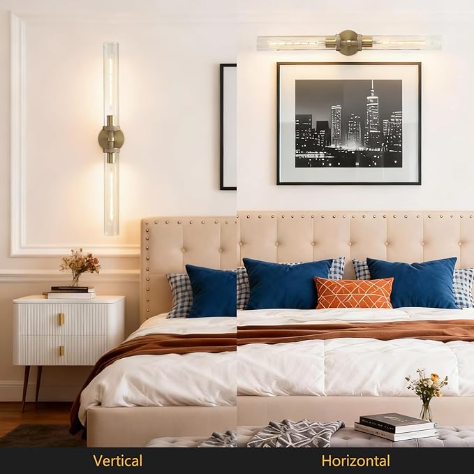 Bathroom Sconces Set of Two, 30 inch Wall Sconce Knurled Bathroom Wall Sconces with Tube Glass,Gold Sconces Wall Lighting Vanity Sconce for Bedroom,Living Room,Hallway, Staircase(E26 Bulb Include)