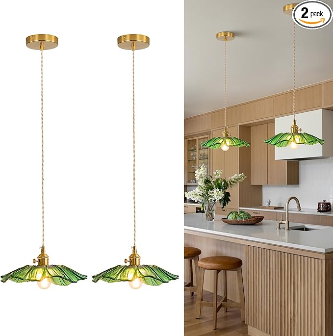 Vintage Pendant Lights Kitchen Island Fixture Glass Hanging Light Green Flower Light 2pack Modern Chandelier Island Lights for Bedroom Kitchen Hallway Bathroom Dinging Room Green Sunflower