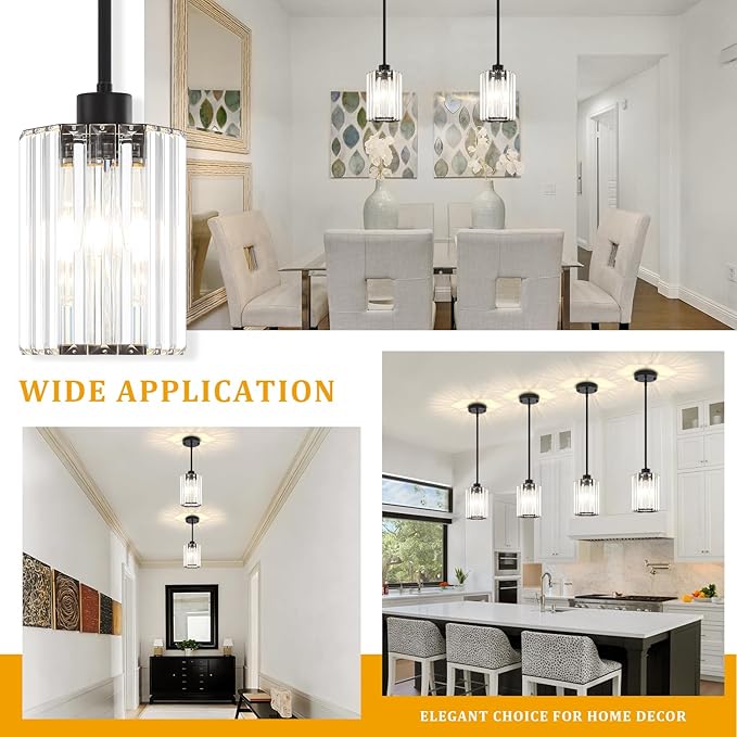 2-Pack Black Pendant Lights Kitchen Island Modern Crystal Hanging Pendant Light Hexagonal Mini Chandelier Adjustable Hanging Kitchen Lights for Dining Room Hallway Bedroom Entryway Light Fixtures