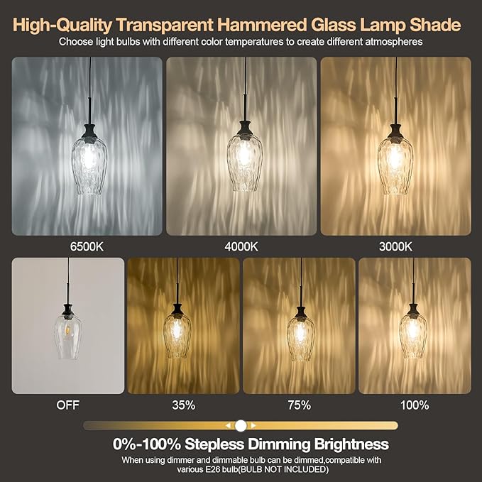 Modern Kitchen Pendant Lights,1-Light Black Pendant Light Fixtures with Hand-Blown Clear Glass Light Fixture for Kitchen Island Sink Dining Room Bedroom Hallway, E26 Bulb Not Includes