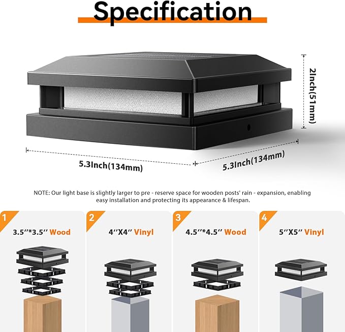 Brightever 4x4 Solar Post Cap Lights Outdoor 8 Packs, Waterproof Solar Powered Deck Light for 5x5 Vinyl/Wooden Posts, Black Outside Warm/Cool Lighting Fence Cap Lights with 16LEDs for Garden, Patio