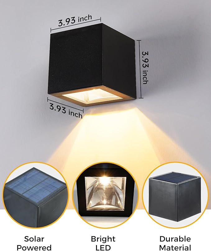 LUHLEE Solar Wall Lights Outdoor, Modern Square Solar Wall Sconce IP65 Waterproof, Solar Outdoor Lights for Patio, Porch, Garden, Backyard, Fence Decor (2 Pack)