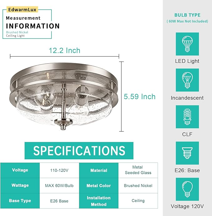 Edwarmlux Flush Mount Ceiling Lights, 2-Light Farmhouse Close to Ceiling Light, Industrial Ceiling Lighting Fixture for Kitchen Hallway Bedroom Living Room Stairways Porch (Brushed Nickel)