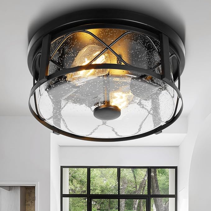 Rustic Close to Ceiling Light Fixtures, Farmhouse Flush Mount Ceiling Lighting, Metal Cage Lighting with Seeded Glass Black Cage for Home Kitchen Dining Room Bedroom Hallway Entryway Foyer