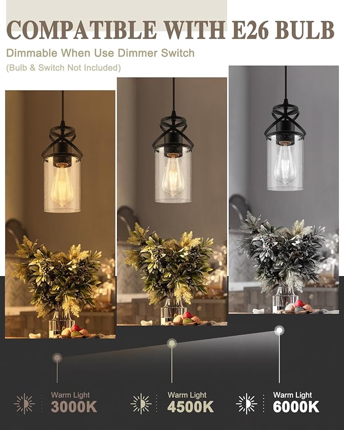 Pendant Kitchen Island Light, Modern Pendant Lighting with Glass Shade, E26 Socket and Adjustable Cable, Suitable for Living Rooms, Bedrooms, Hallways
