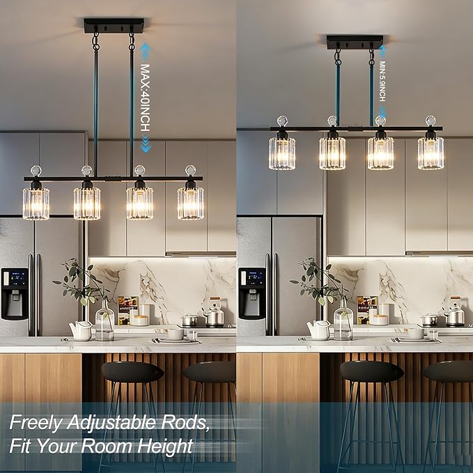 Modern Dining Room Light Fixture Over Table, Crystal Pendant Lights Kitchen Island, Chandeliers for Dining Room Kitchen Light Fixtures (E26) 4-Light Black