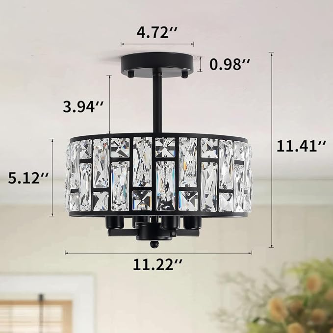 11.22’’ Crystal Ceiling Light Fixture, Black Semi Flush Mount Ceiling Light, 4-Light Modern Ceiling Light for Hallway Entryway Kitchen Bedroom Bathroom