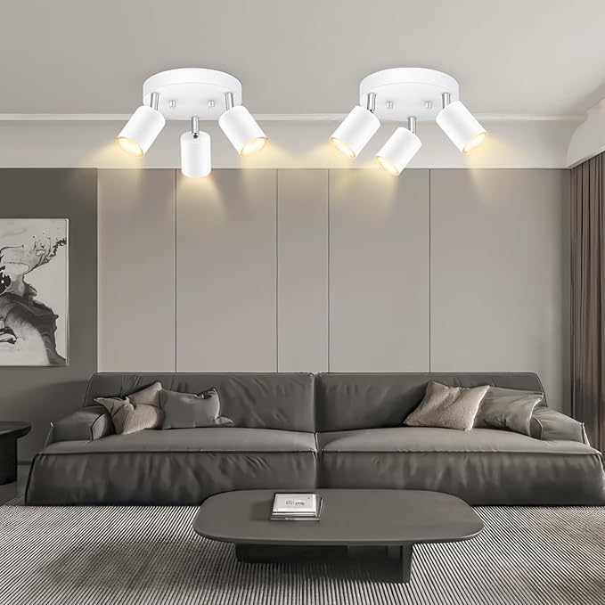 3 Light Track Lighting Fixtures Ceiling, Matte White Round Directional Ceiling Spotlight, GU10 Flush Mount Track Fixture, Adjustable Modern LED track Lights for Kitchen/Living Room, Bulb Not Included