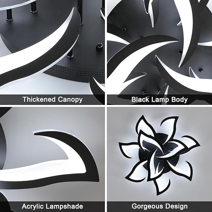 Goeco Dimmable Ceiling Light, 10-Petals Flower Light Fixture with Remote Control and App, 3000K-6500K Modern LED Ceiling Light for Living Room, Bedroom, Kitchen, Black