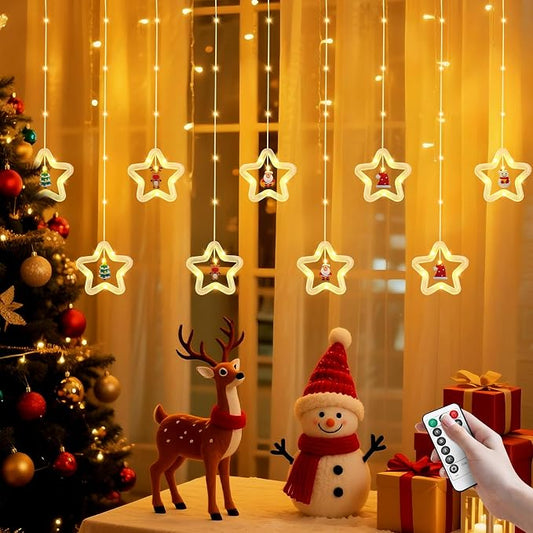 Christmas Star Curtain Lights, Christmas Window Lights Decor with Remote,8 Lighting Modes, IP65 Waterproof, 10 Hooks Christmas Decorations Indoor Outdoor for Bedroom Party Wall Door Window