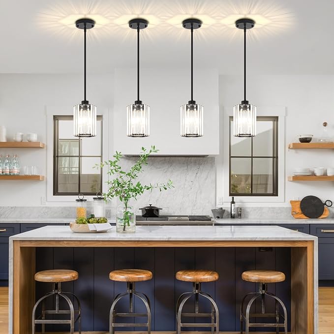 2-Pack Black Pendant Lights Kitchen Island Modern Crystal Hanging Pendant Light Hexagonal Mini Chandelier Adjustable Hanging Kitchen Lights for Dining Room Hallway Bedroom Entryway Light Fixtures
