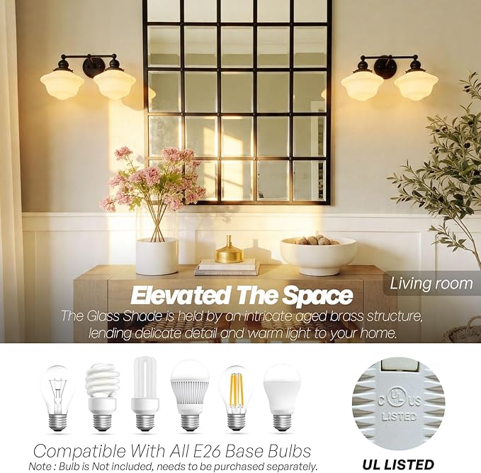 Vintage 2-Lights Wall Sconce Lights Black Bathroom Vanity Light with Milk Glass Double Sconce Wall Mounted Lamp for Bedroom Living Room Bathroom Mirror Kitchen Hallway Hardwire
