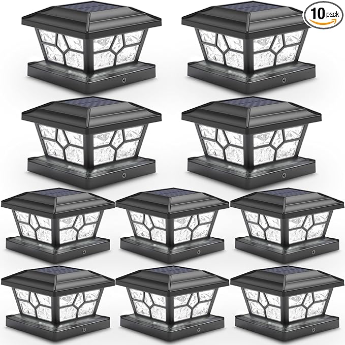 SIEDiNLAR Solar Post Lights Outdoor 10 Pack 4 Modes 40 LEDs Deck Fence Post Cap Light for 4x4 5x5 6x6 Wooden/Vinyl Posts Patio Decor, Warm/White Dynamic Lighting (Black)