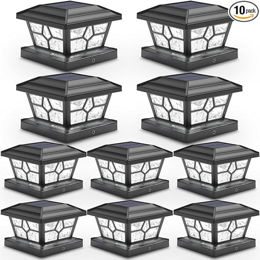 SIEDiNLAR Solar Post Lights Outdoor 10 Pack 4 Modes 40 LEDs Deck Fence Post Cap Light for 4x4 5x5 6x6 Wooden/Vinyl Posts Patio Decor, Warm/White Dynamic Lighting (Black)