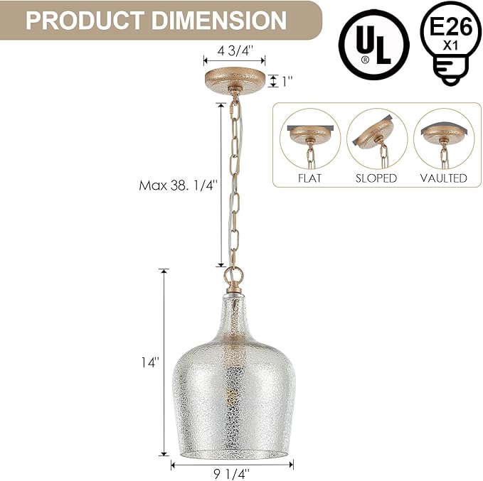 10” Large Silver Plated Hammered Glass Pendant Light Industrial Dome Modern Pendant Lighting Fixtures for Kitchen Island Dining Room Hallway, UL Listed