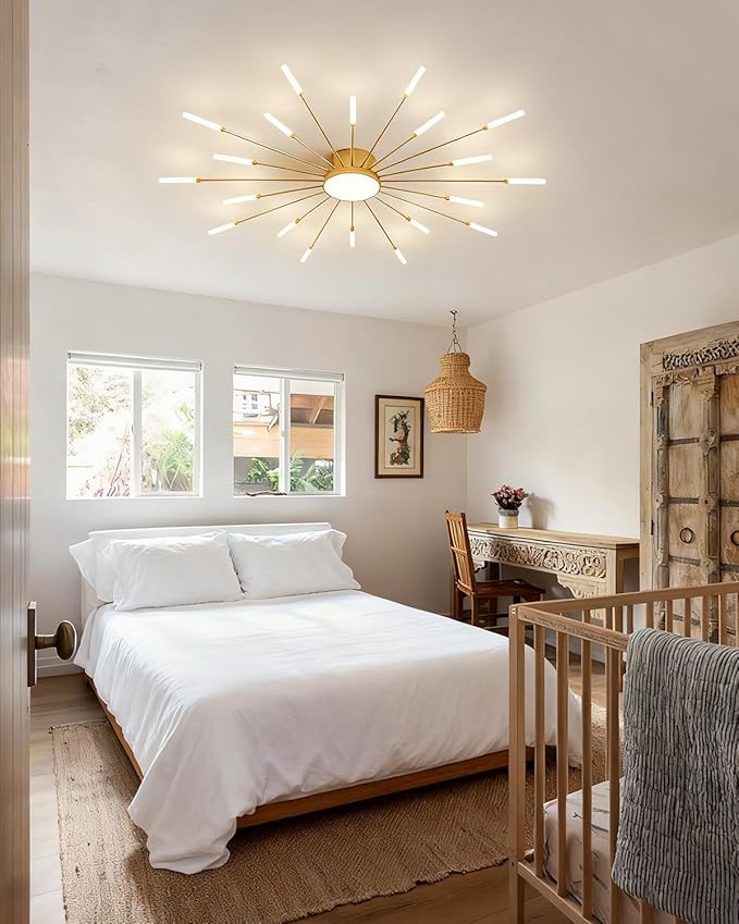 LED Firework Ceiling Light, 20+1 Lights Modern Metal Flush Mount Ceiling Light, 4000K Gold Sputnik Chandelier for Dining Room Bedroom Kitchen, 32W Farmhouse Flower Shape Ceiling Lamp