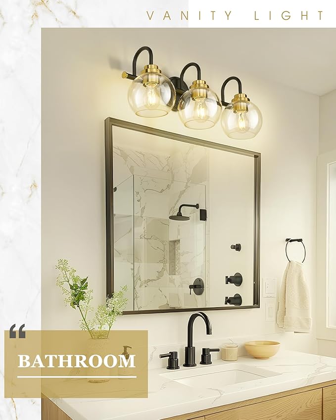 Bathroom Light Fixtures, 3-Light Black and Gold Vanity Lights with Globe Clear Glass, Modern Vanity Lighting Fixtures Over Mirror, AD-22280-3W-KG