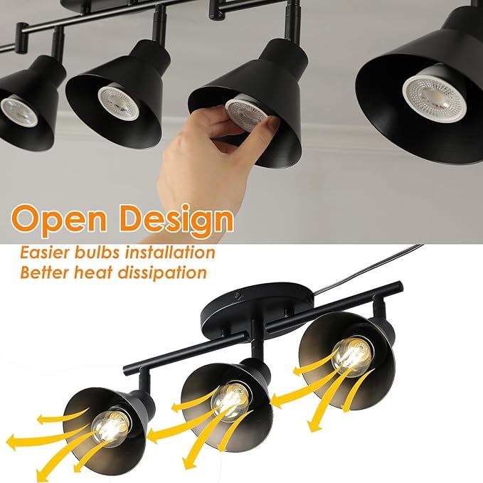 4 Light Plug in Track Lighting Kit,Modern Plug in Ceiling Light Fixture,16.4ft Cord,4 Way Ceiling Spot Lighting,Flexibly Rotatable Light Head (Black)