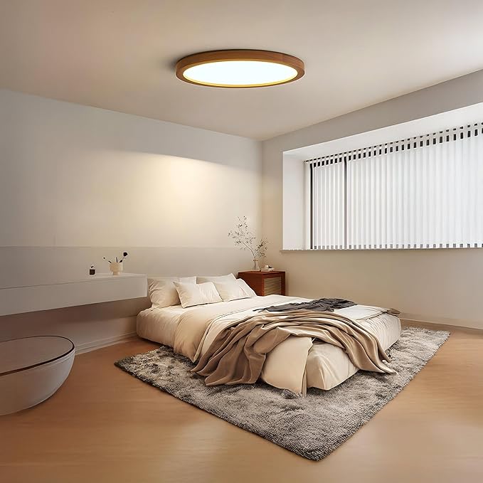 Ultra-Thin LED Ceiling Light Fixture 24.4", Handcrafted Walnut Wood Modern Wabi-Sabi Style, Slim 2.5cm Profile, 37W LED 3000K-4000K-6000K, Round Minimalist Lamp for Bedroom Kitchen Hallway