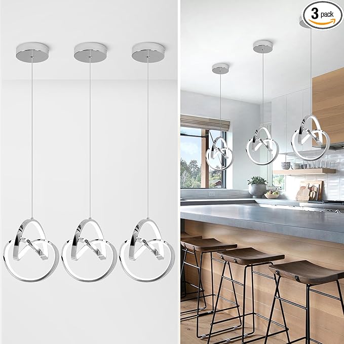 Modern LED Pendant Light Fixtures 5500K Pendant Lights Kitchen Island Lighting Adjustable Height Chrome Hanging Lamp for Dining Room Bedroom Living Room,3 Packs