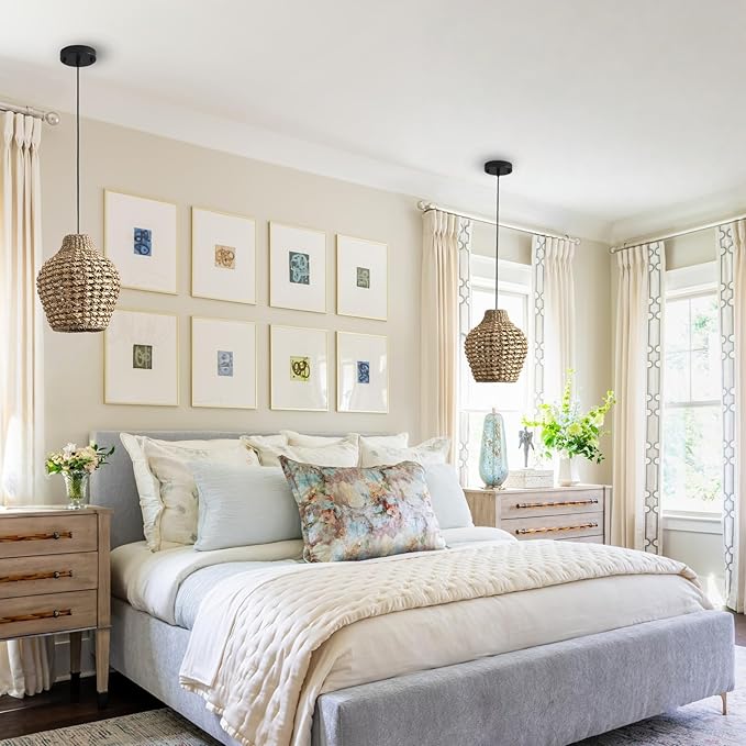 2-Pack Rattan Pendant Light 10.24" Boho Small Hand-Woven Lighting Modern Wicker Coastal Adjustable Rattan Chandelier for Kitchen Island Dining Room Bedroom Restaurant Foyer Farmhouse