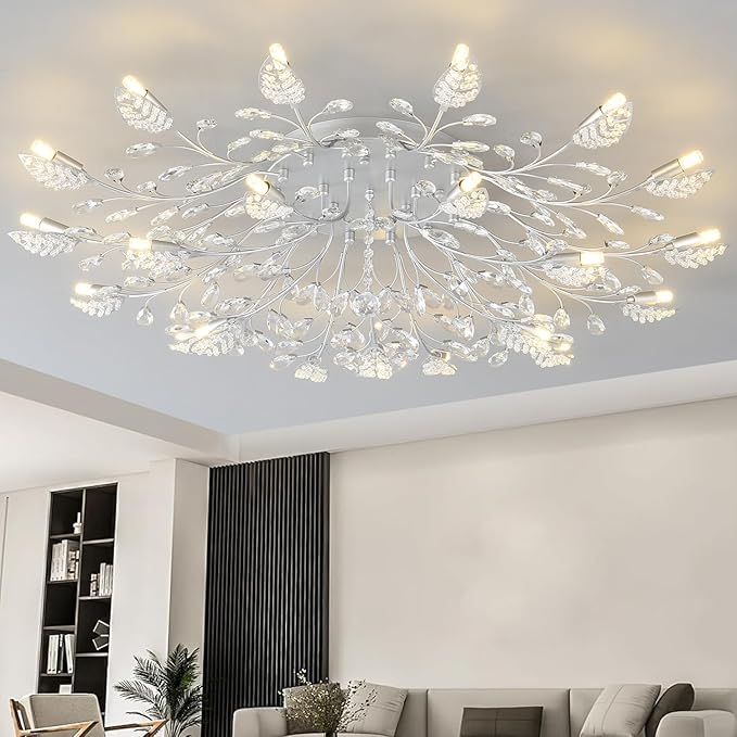 Modern Crystal Ceiling Light Fixture,Semi Flush Mount Chandeliers,Crystal Leaf Ceiling Light,Silvery Chandeliers for Dining Room,Living Room,Bedroom